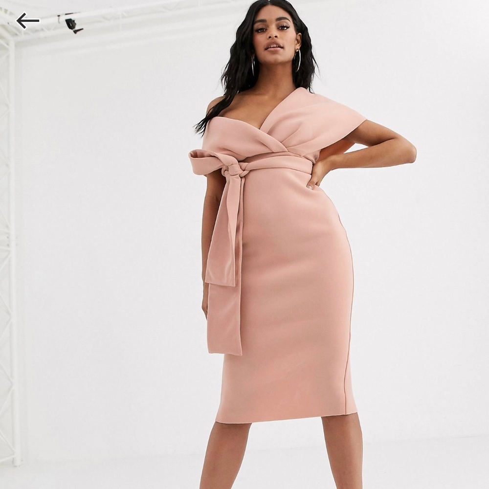 ASOS Fallen Shoulder Midi Pencil Dress with Tie